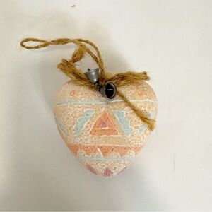 Southwest Pottery Christmas Ornament Heart Shaped With 2 Bells Painted VTG